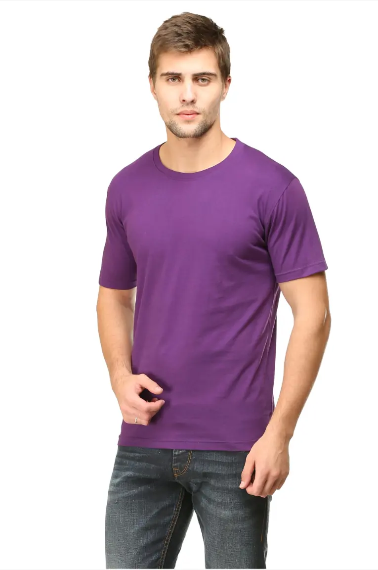 Men Round Neck Plain Cotton T-shirt Purple - Image 2