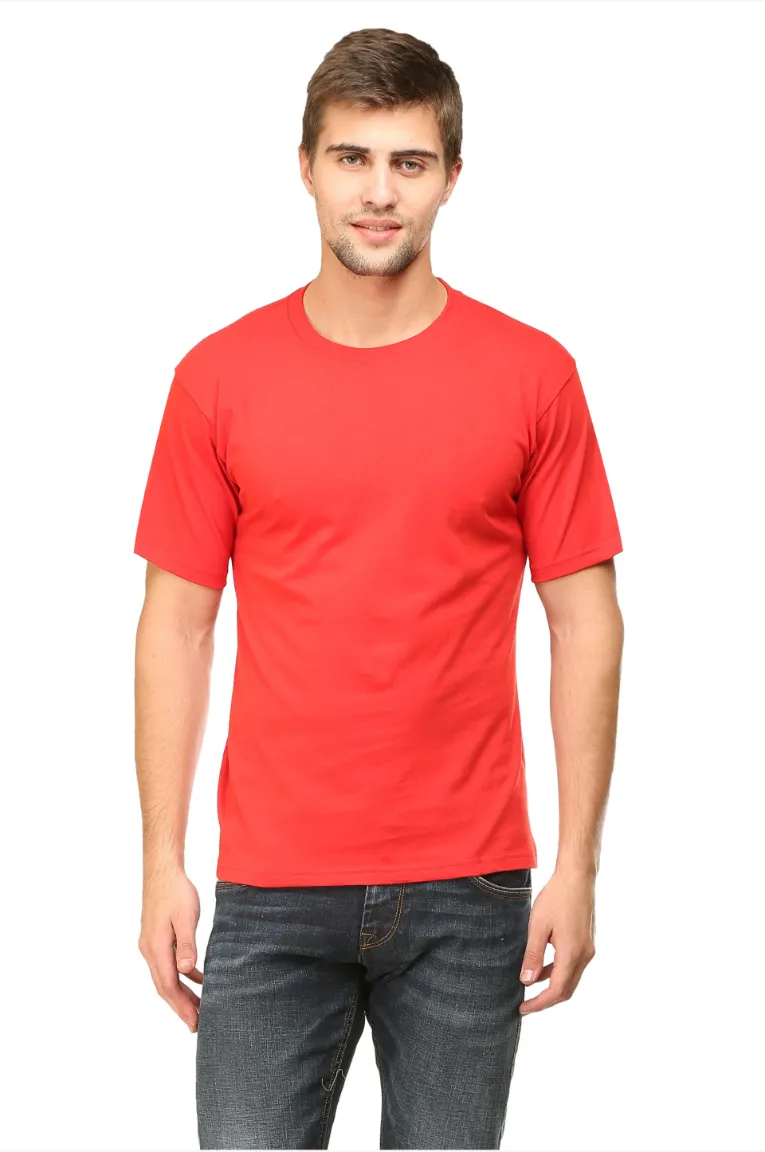 Men Round Neck Plain Cotton T-Shirt Red