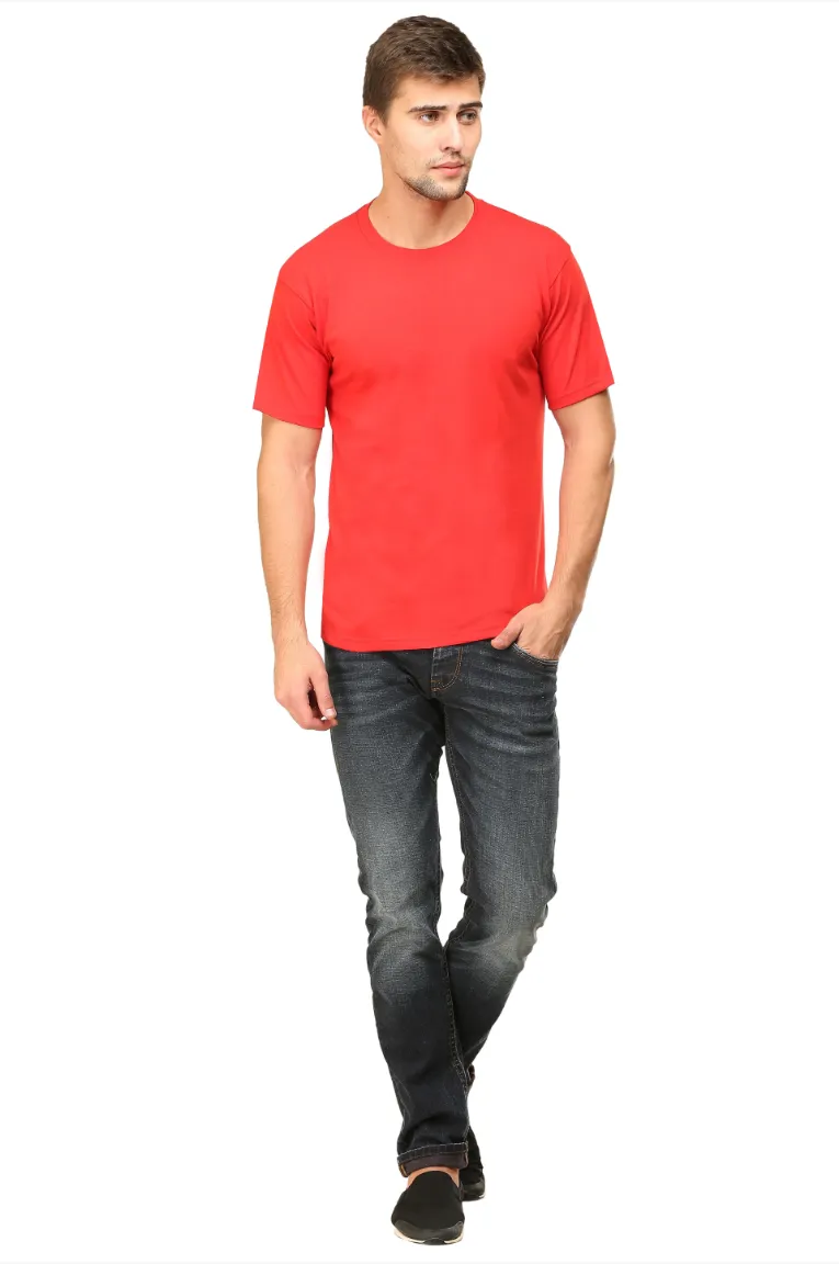Men Round Neck Plain Cotton T-Shirt Red - Image 4
