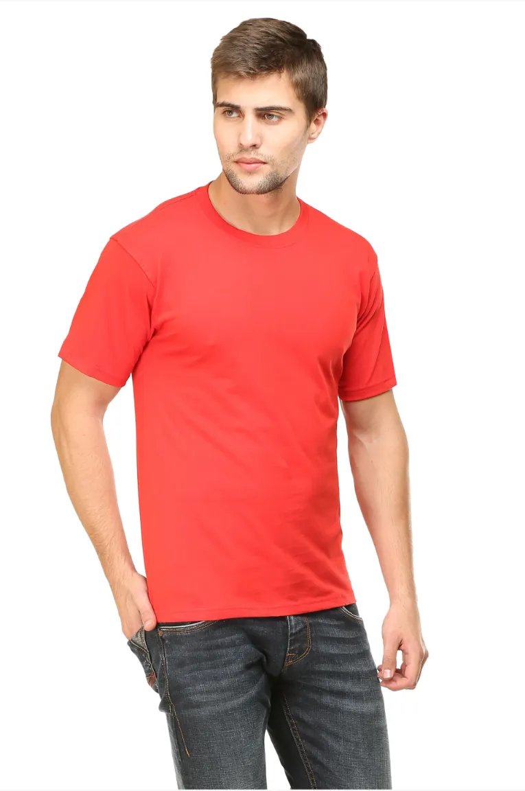 Men Round Neck Plain Cotton T-Shirt Red - Image 2