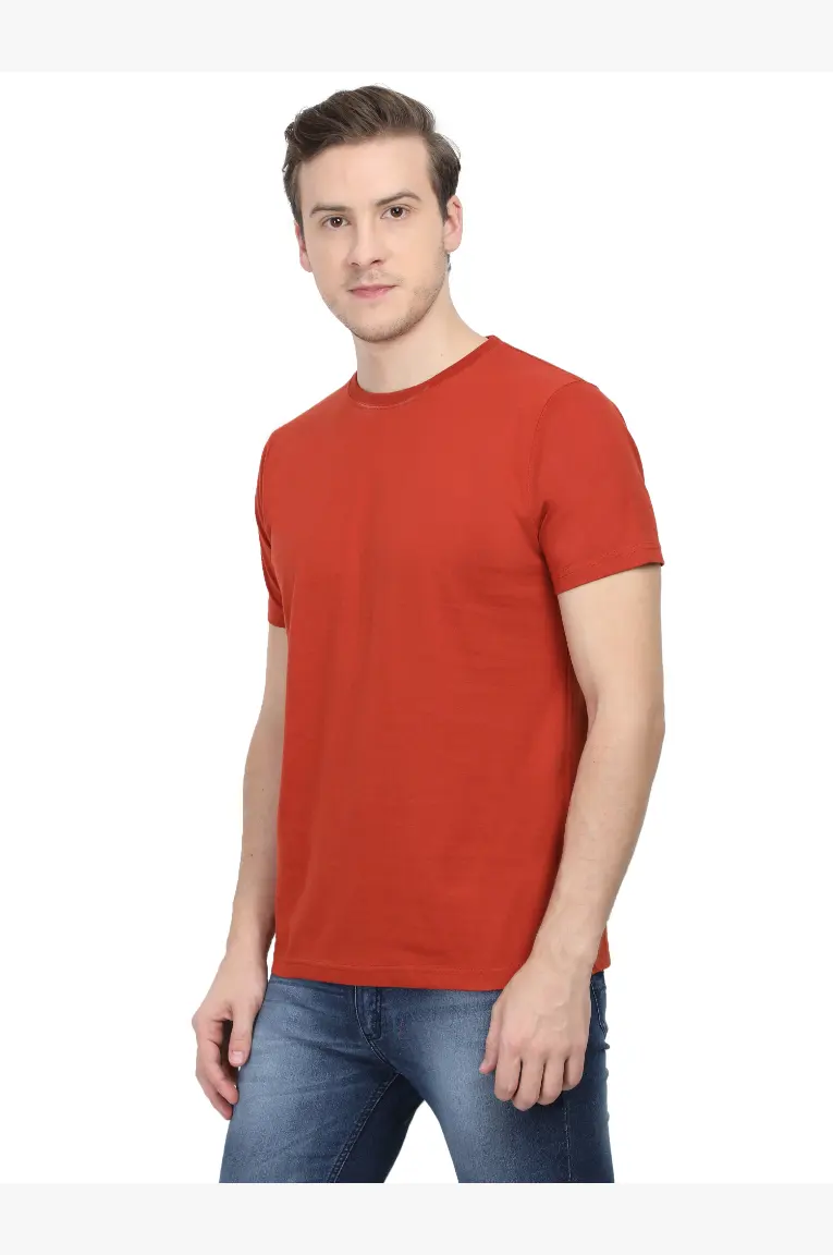 Men Round Neck Plain Cotton T-Shirt Brick Red - Image 4