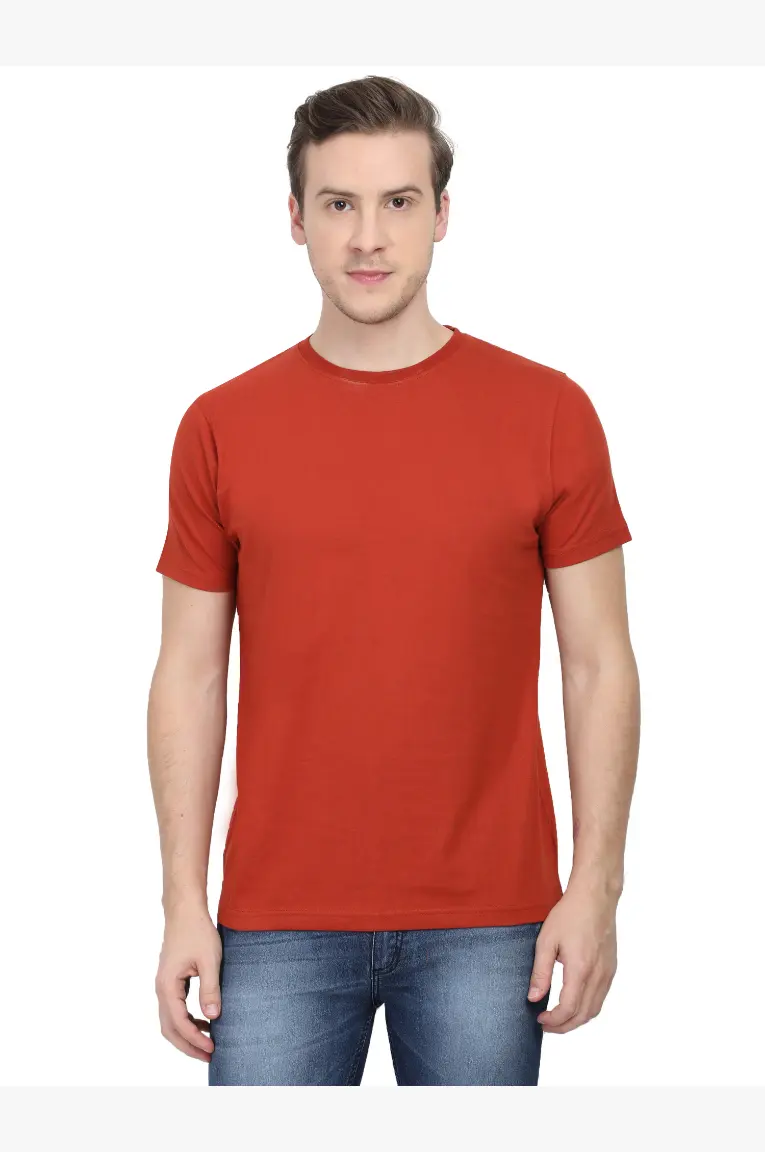 Men Round Neck Plain Cotton T-Shirt Brick Red
