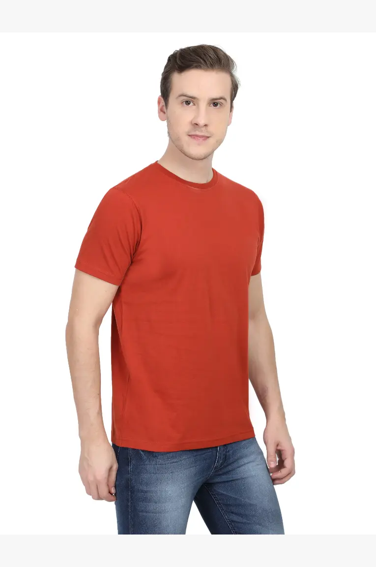 Men Round Neck Plain Cotton T-Shirt Brick Red - Image 3
