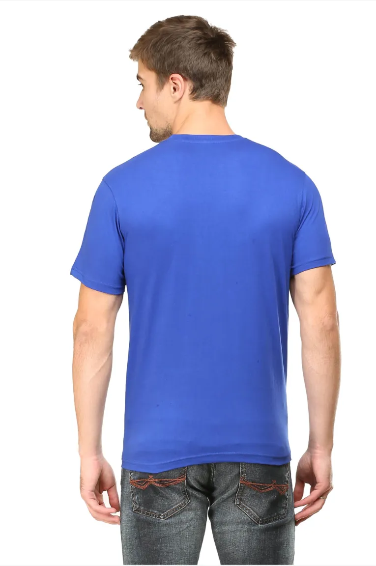men in royal blue t-shirt back view