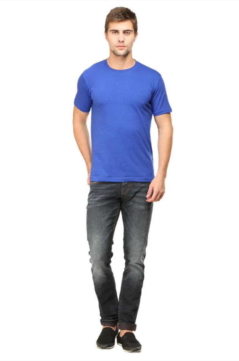 Men Round Neck Plain Cotton T-shirt Royal Blue - Image 3