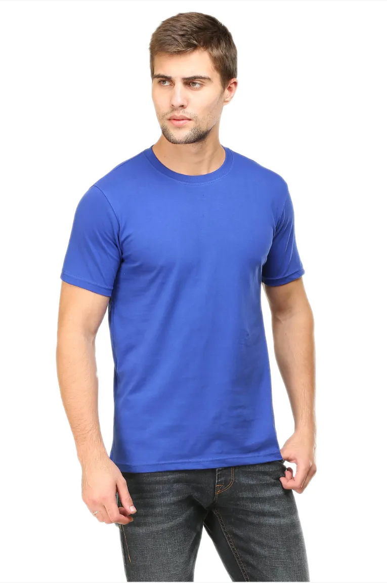 Men Round Neck Plain Cotton T-shirt Royal Blue - Image 2