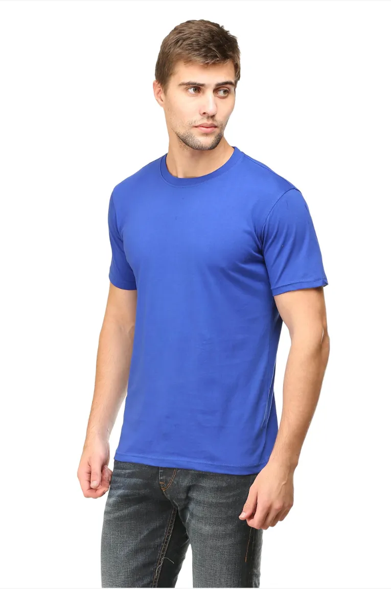 Men Round Neck Plain Cotton T-shirt Royal Blue - Image 4