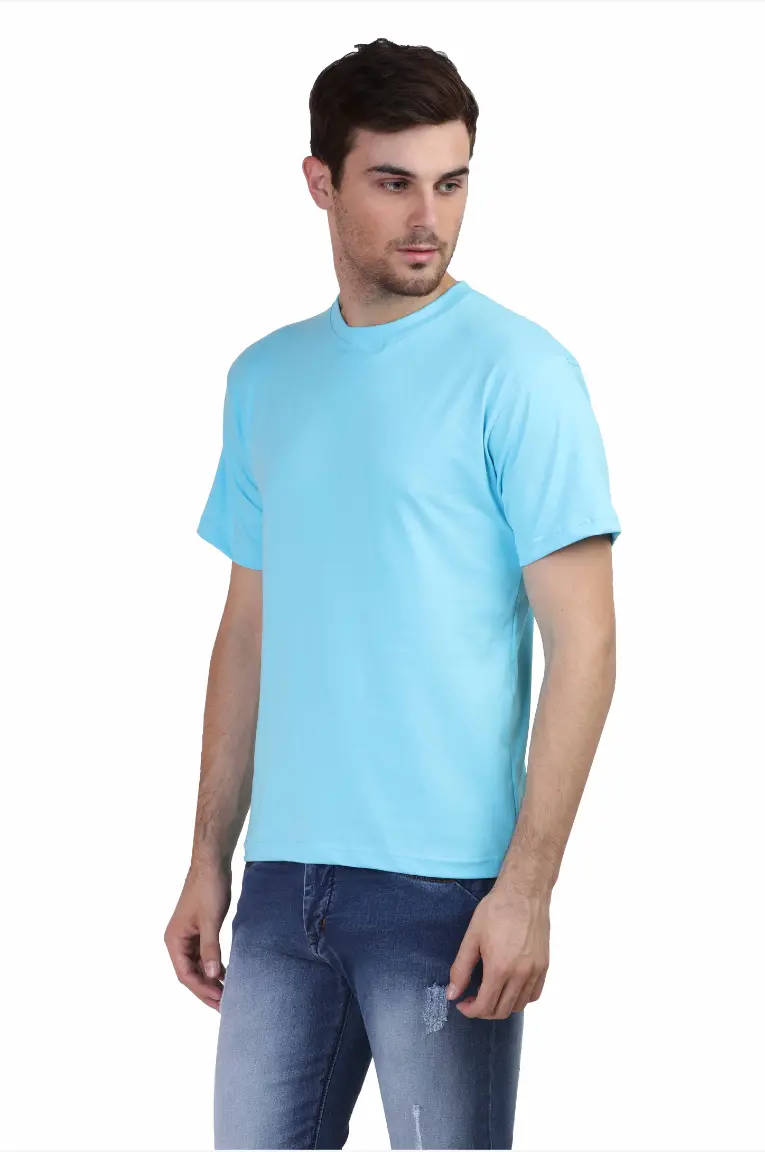 Men Round Neck Plain Cotton T-Shirt Sky Blue - Image 6