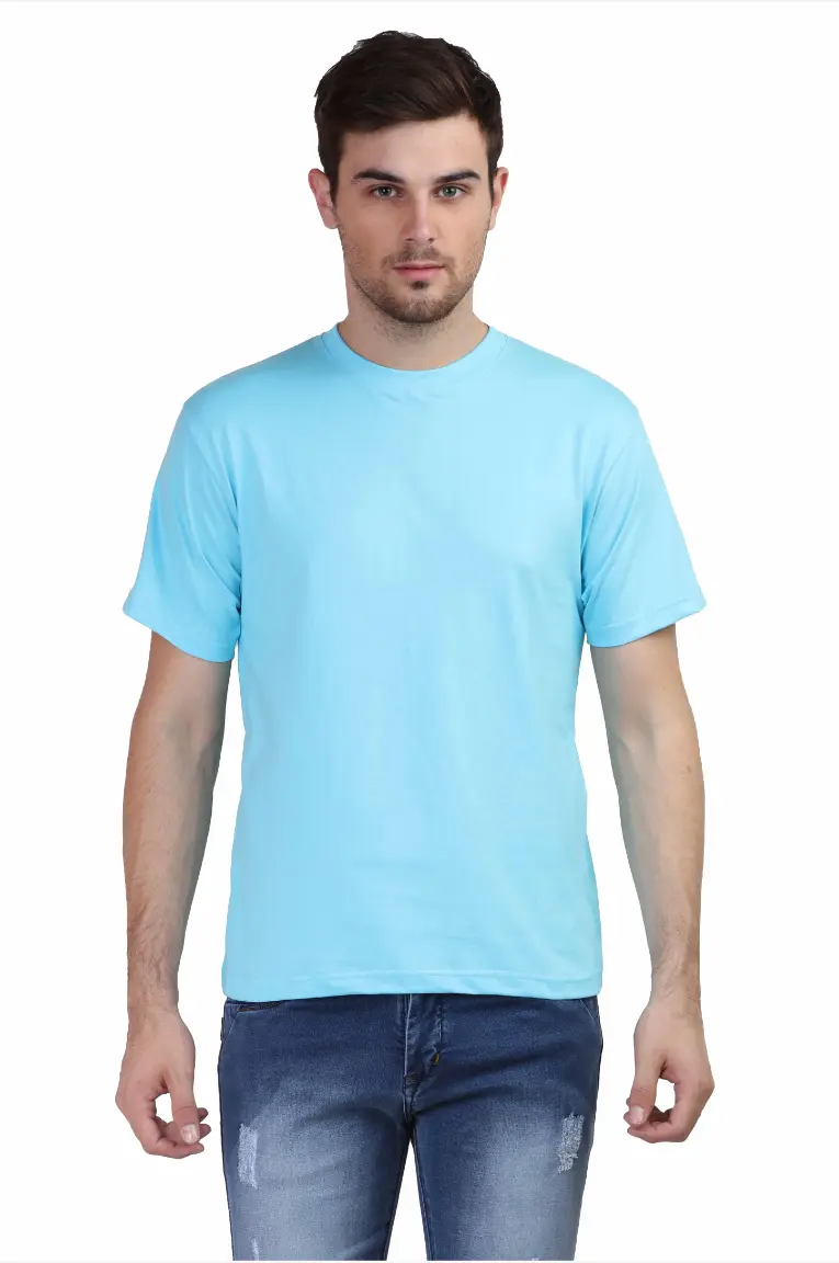 Men Round Neck Plain Cotton T-Shirt Sky Blue