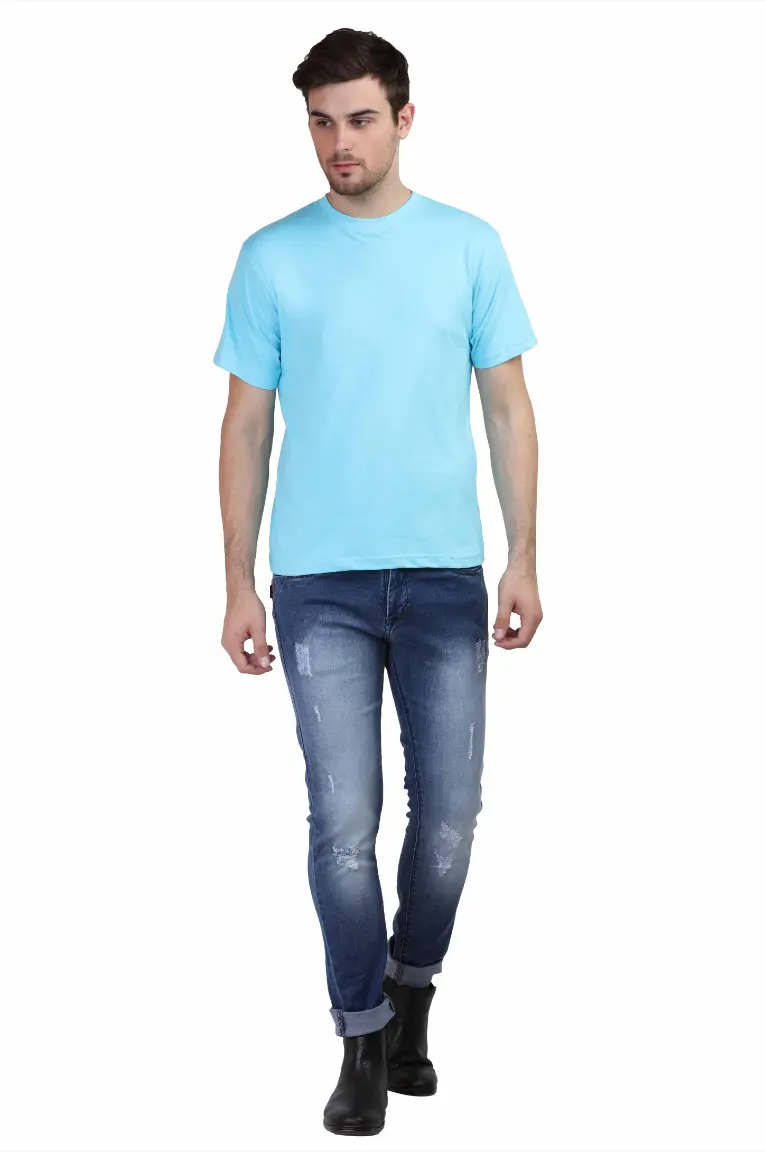 Men Round Neck Plain Cotton T-Shirt Sky Blue - Image 5