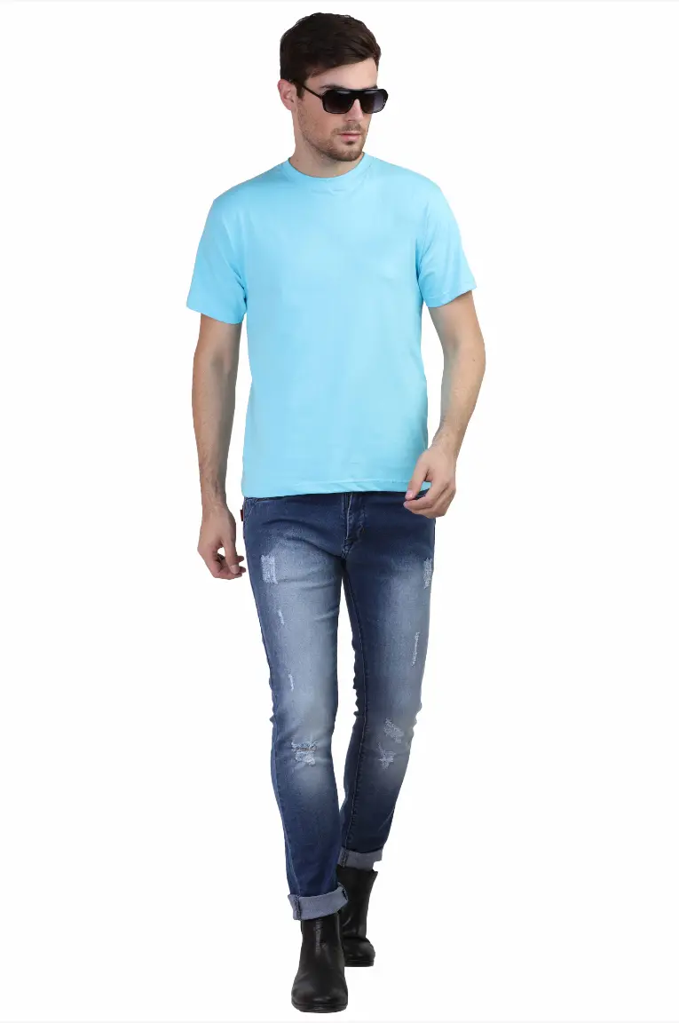 Men Round Neck Plain Cotton T-Shirt Sky Blue - Image 2