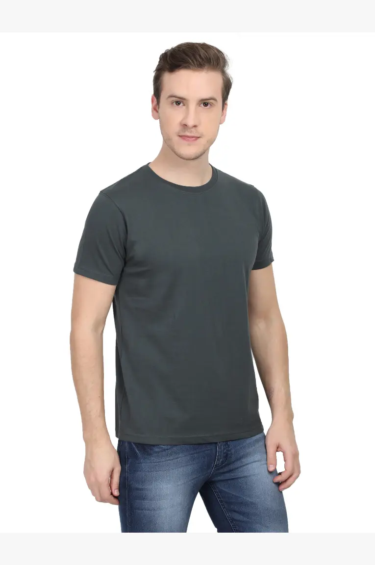 Men Round Neck Plain Cotton T-Shirt Steel Grey - Image 2