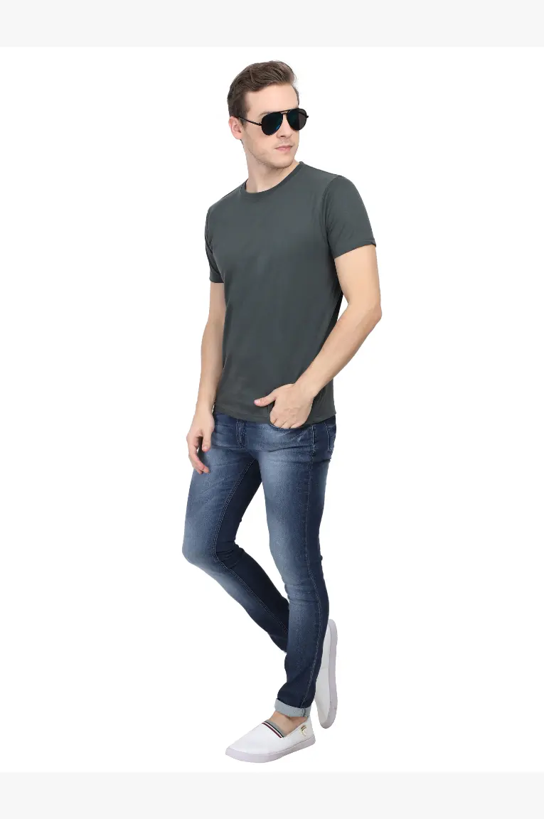 Men Round Neck Plain Cotton T-Shirt Steel Grey - Image 3