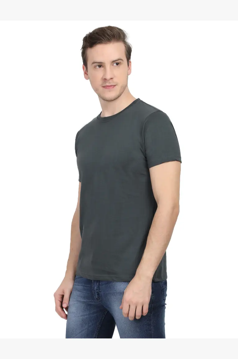 Men Round Neck Plain Cotton T-Shirt Steel Grey - Image 4
