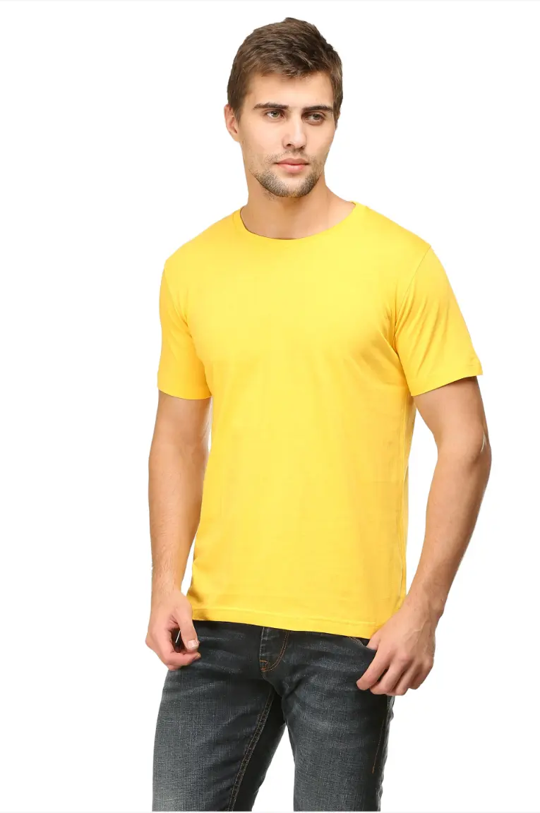Men Round Neck Plain Cotton T-shirt Marigold Yellow - Image 5