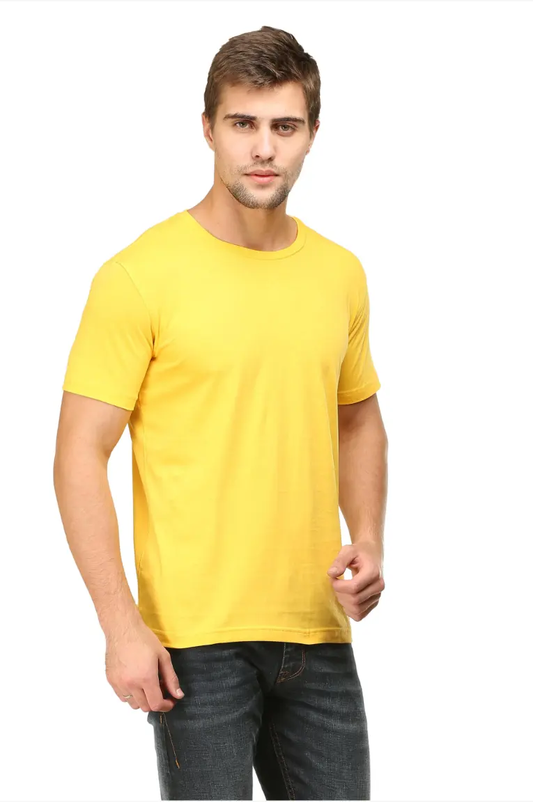 Men Round Neck Plain Cotton T-shirt Marigold Yellow