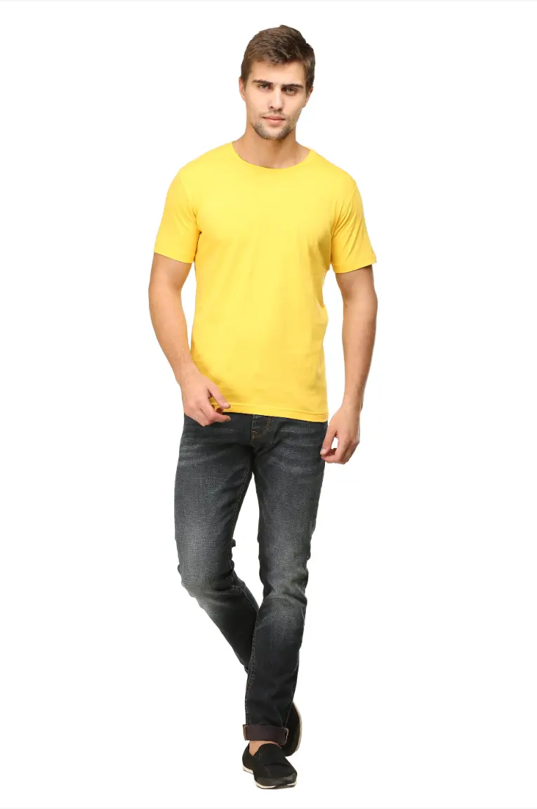 Men Round Neck Plain Cotton T-shirt Marigold Yellow - Image 3