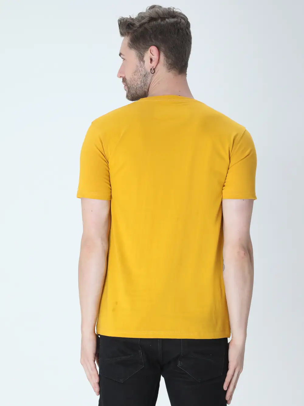 Men Round Neck Plain Cotton T-Shirt Mustard Yellow - Image 3