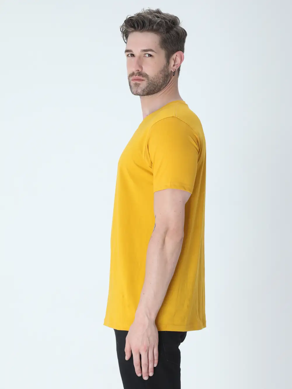 Men Round Neck Plain Cotton T-Shirt Mustard Yellow - Image 2