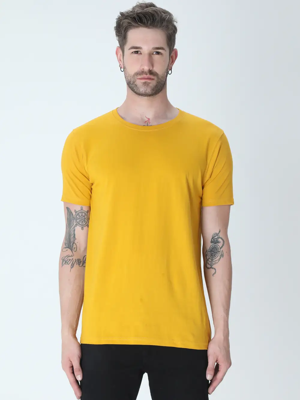 Men Round Neck Plain Cotton T-Shirt Mustard Yellow