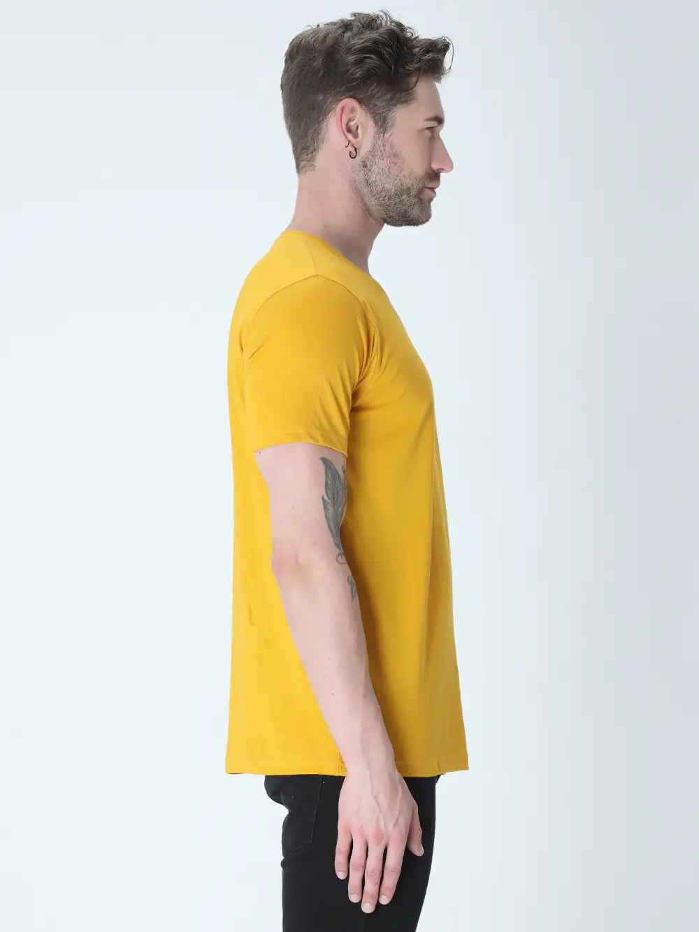 Men Round Neck Plain Cotton T-Shirt Mustard Yellow - Image 4