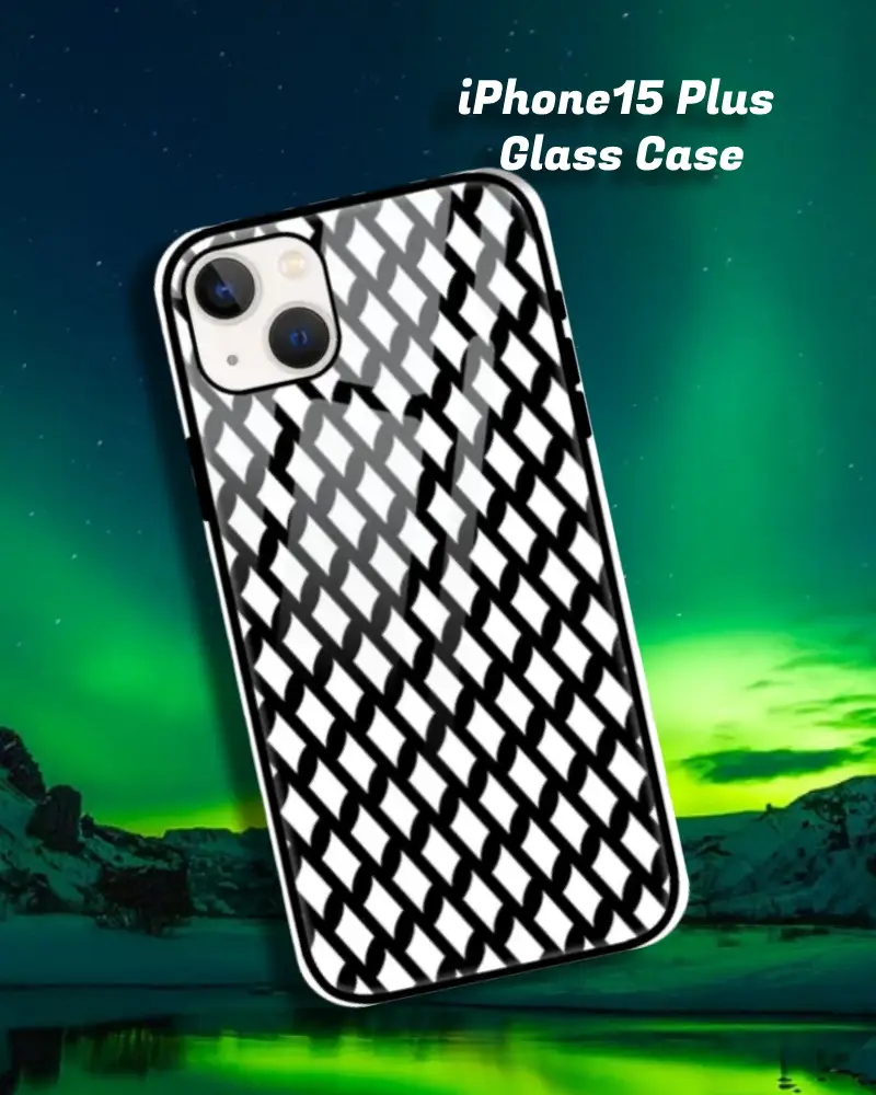 Black White iPhone 15 Plus Mobile Back Cover Glass Case - Image 1
