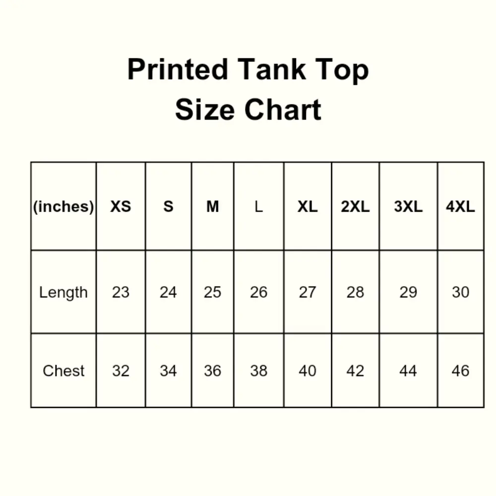 Women printed tank top size chart