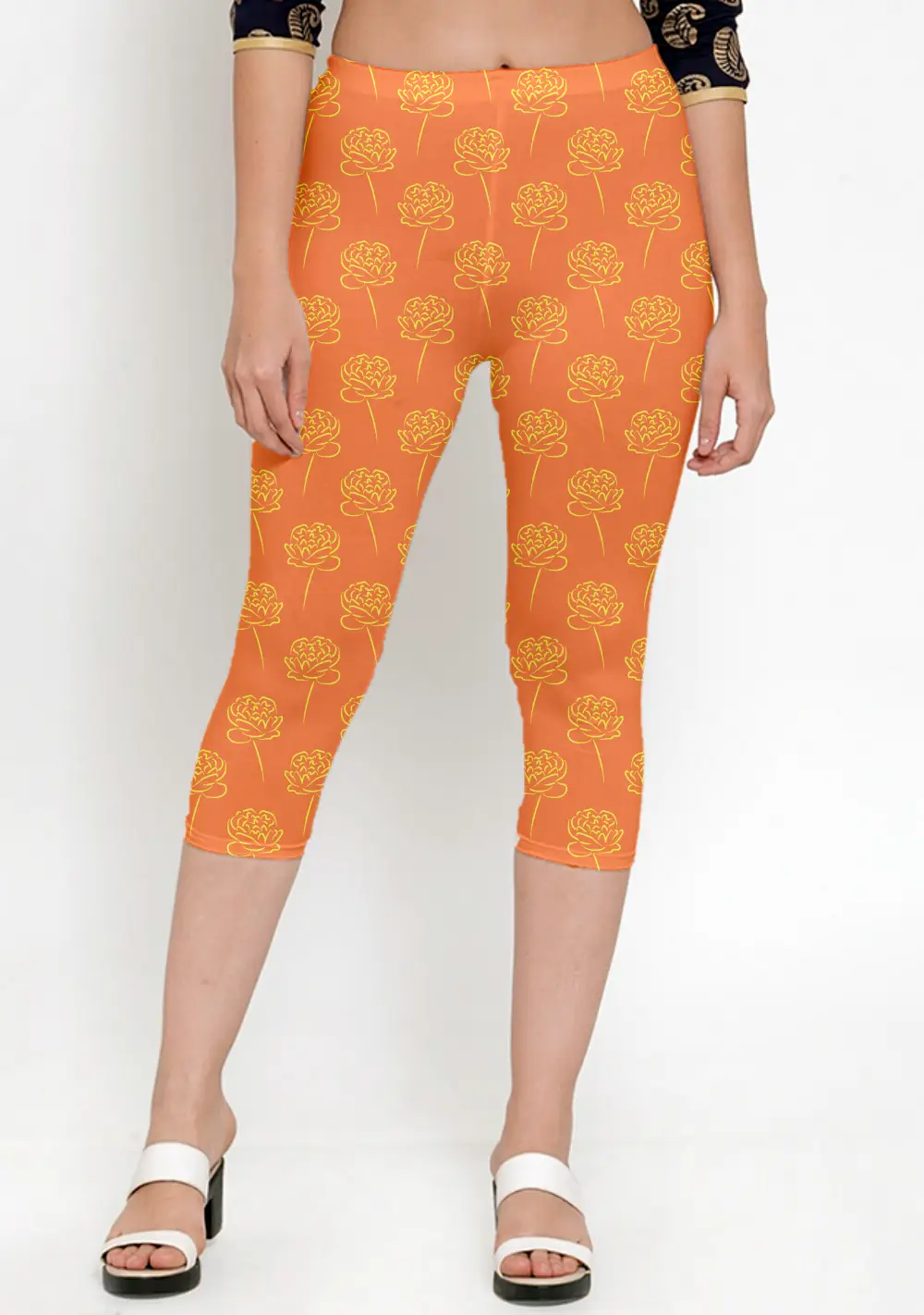 Roses Orange Women Capri Leggings Pant