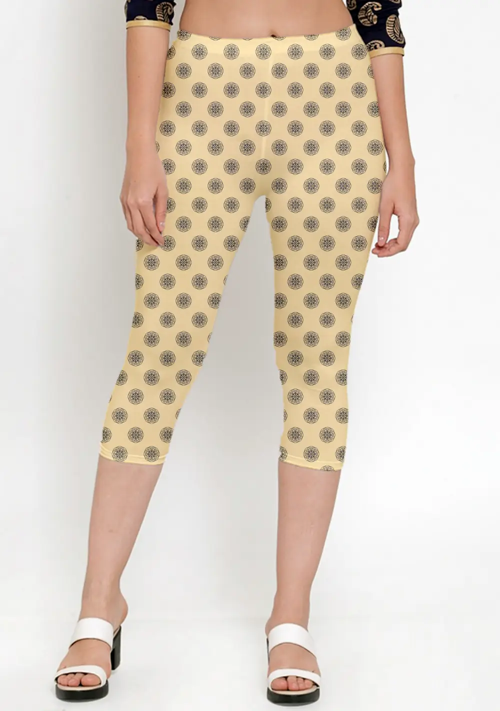 Mandala Prints Butter Yellow Women Capri Leggings Pant