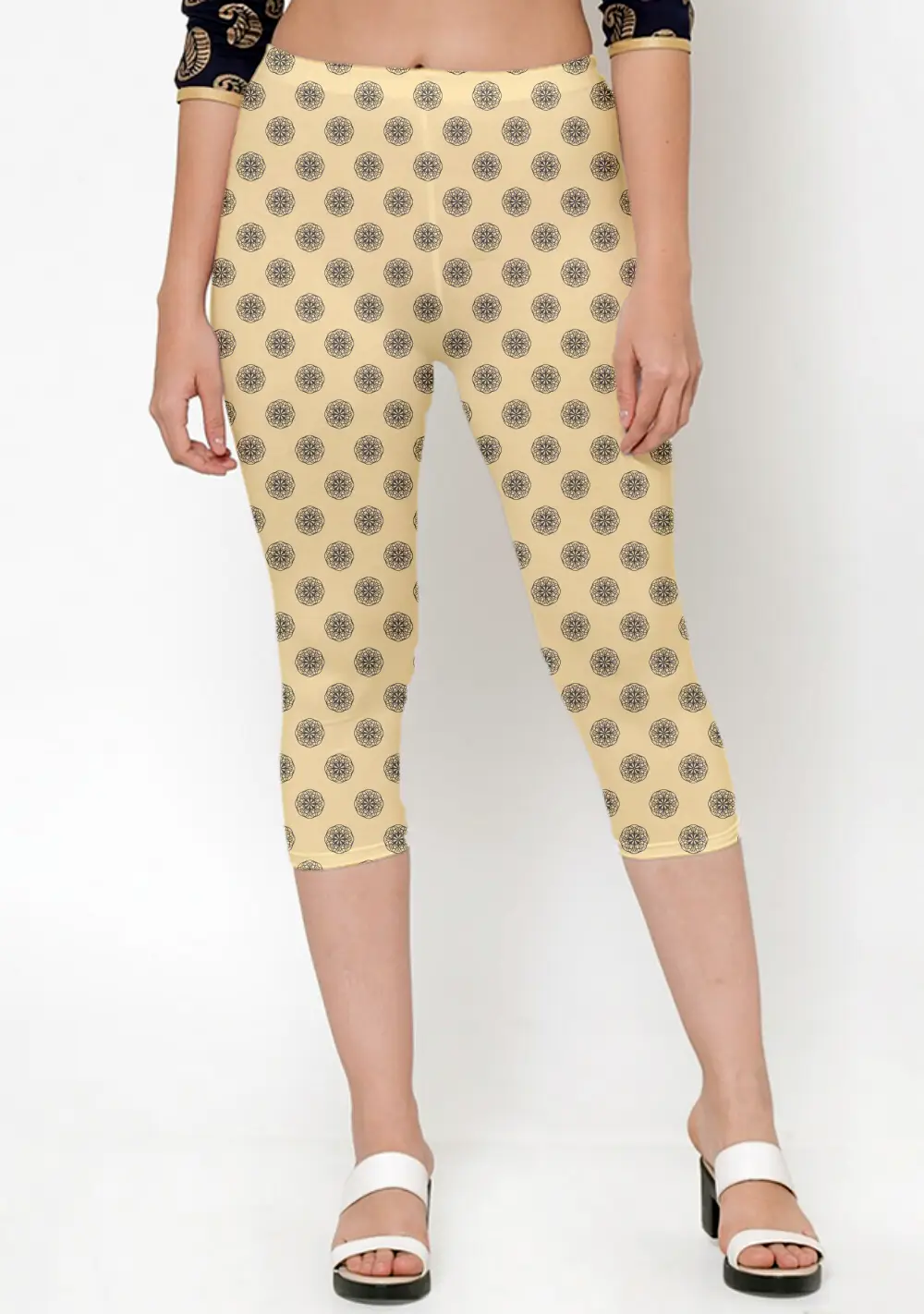 Mandala Prints Butter Yellow Women Capri Leggings Pant - Image 2