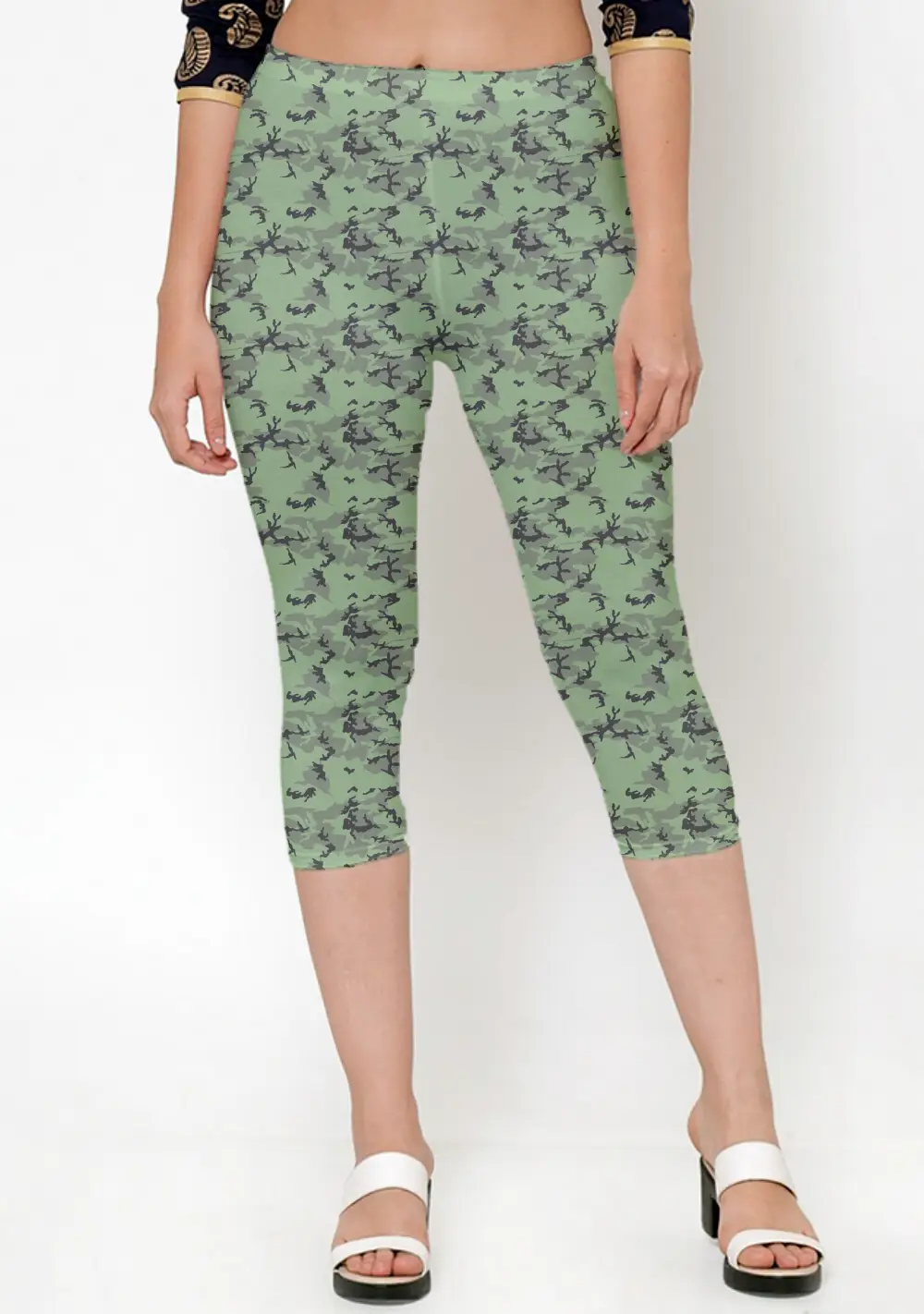 Casual Camouflage Green Women Capri Leggings Pant - Image 2