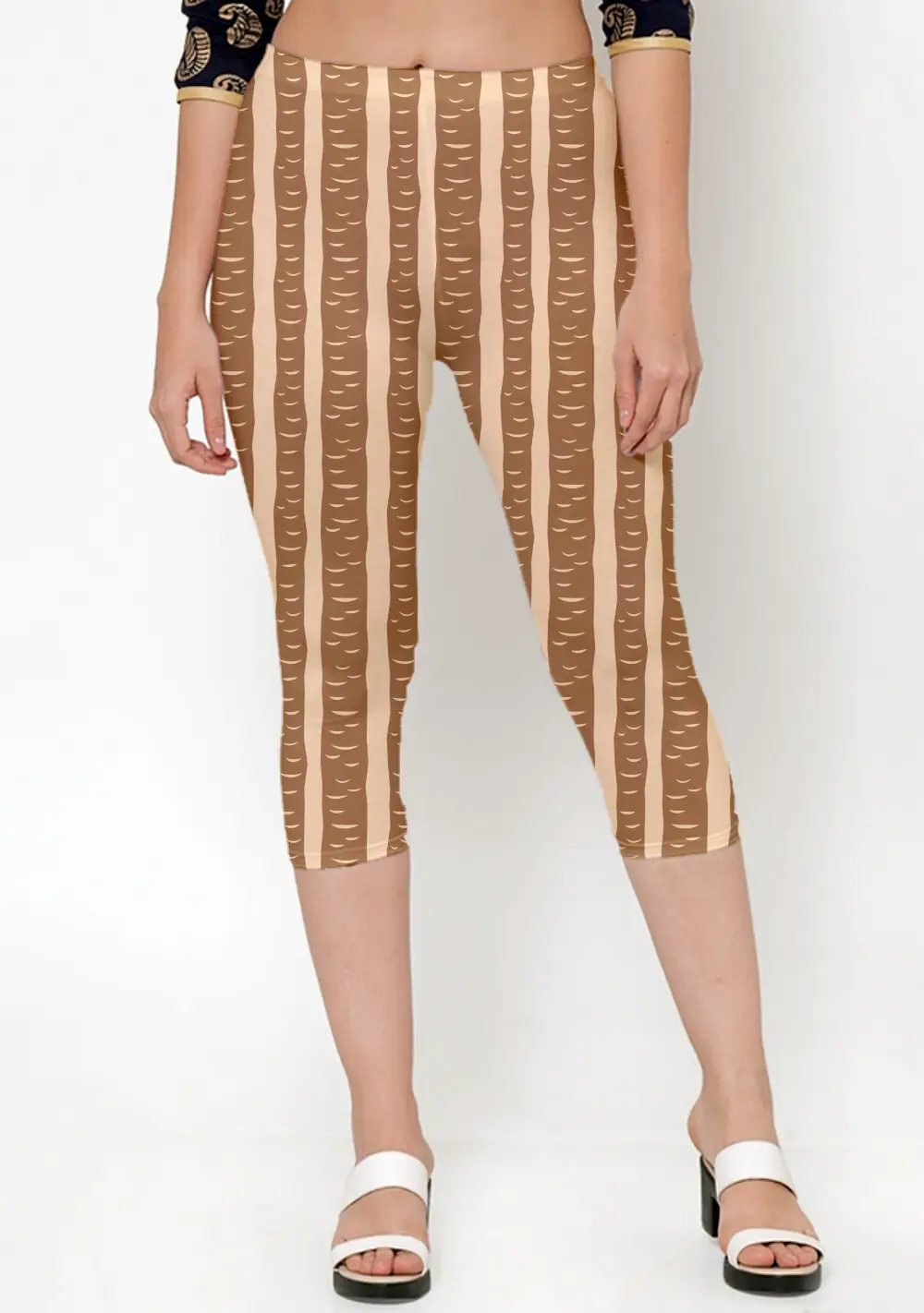 Printed Striped Brown Women Capri Leggings Pant - Image 3