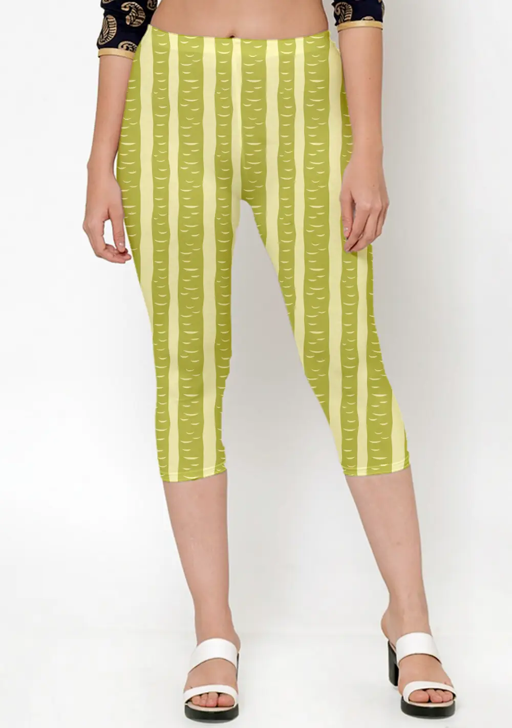 Mehandi Color Striped Printed Women Capri Leggings Pant - Image 3