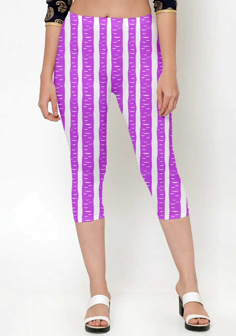 Purple Striped Pattern Women Capri Leggings Pant - Image 3