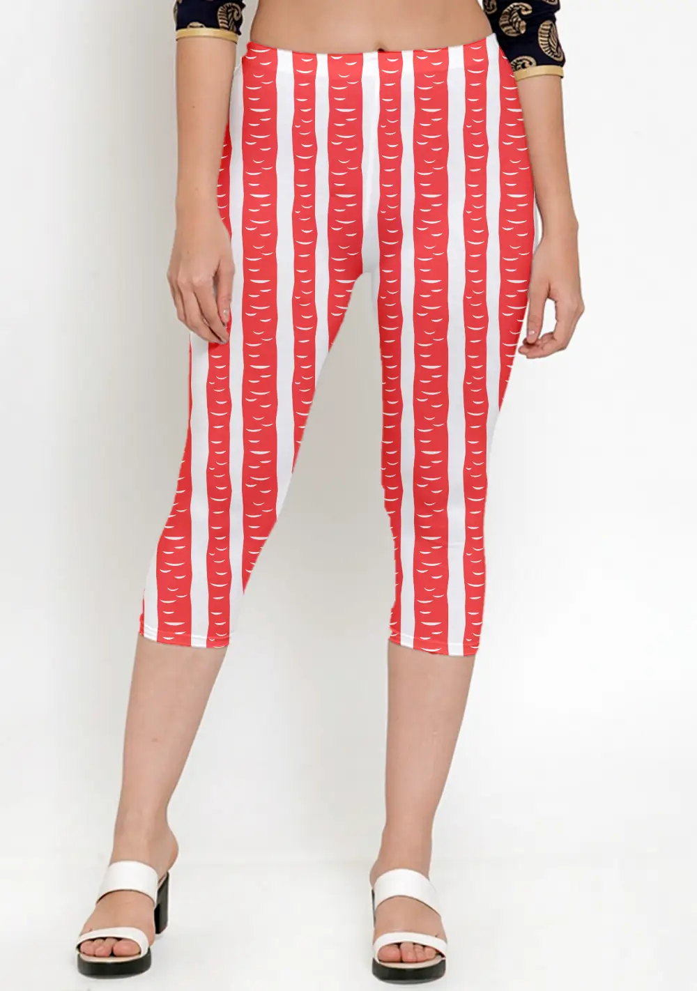 Red Striped Casual Women Capri Leggings Pant - Image 3
