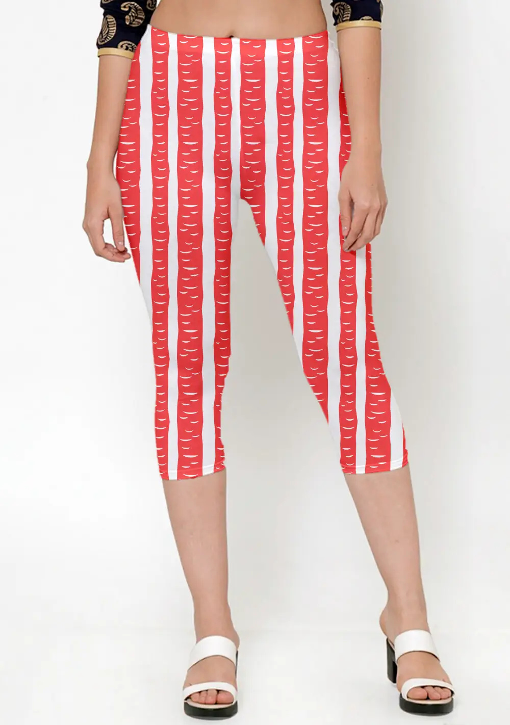Red Striped Casual Women Capri Leggings Pant