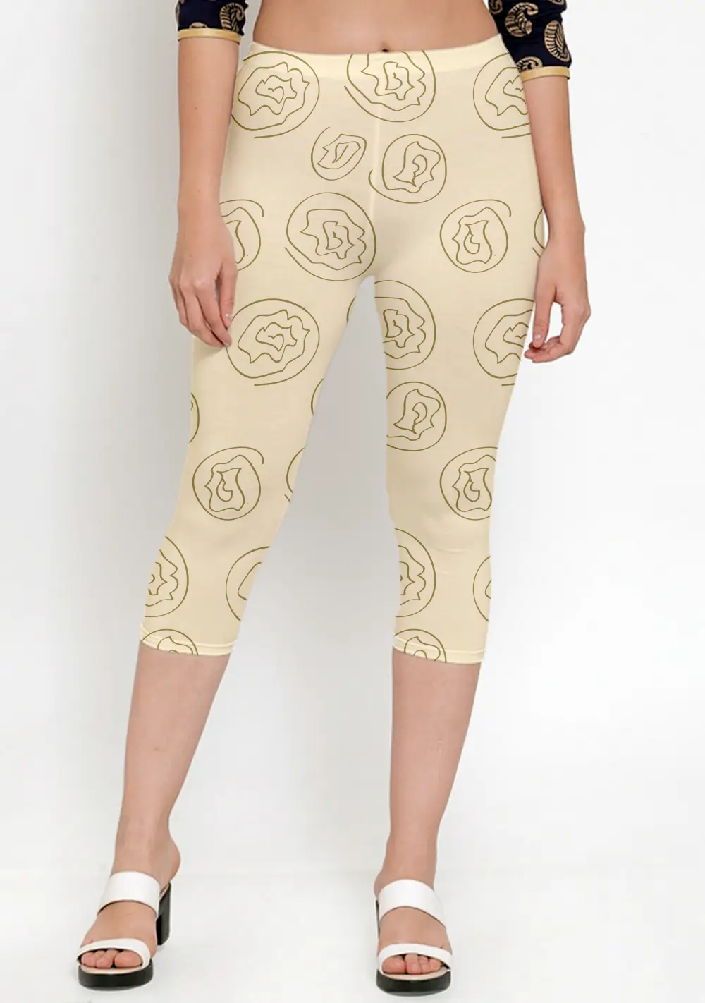Floral Printed Creamy Yellow Women Capri Leggings Pant