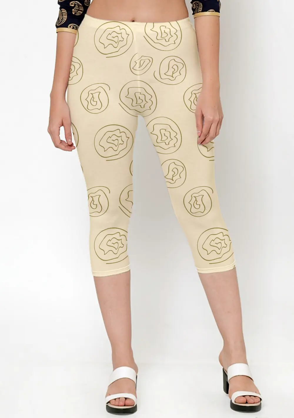 Floral Printed Creamy Yellow Women Capri Leggings Pant - Image 2