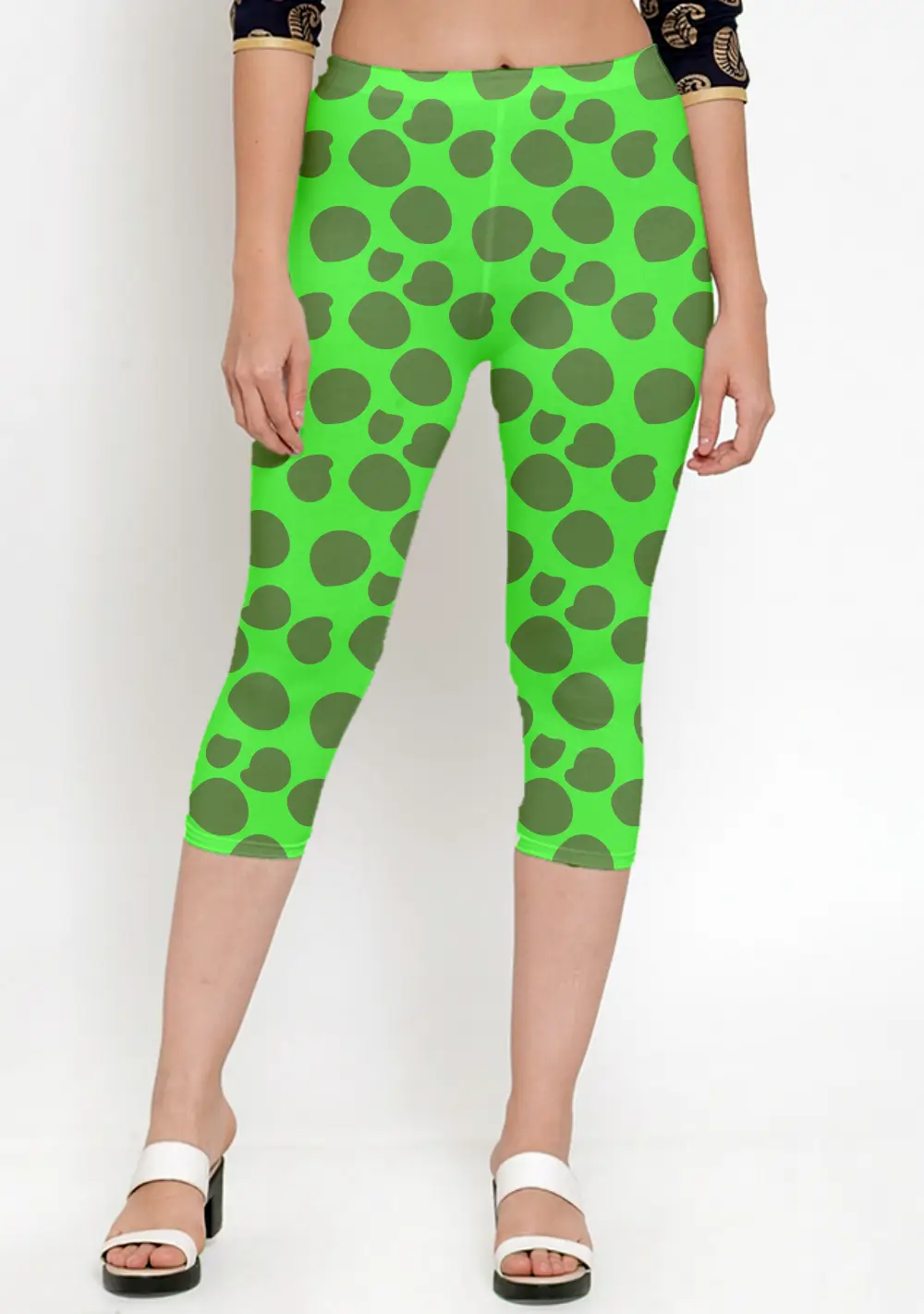 Polka Dots Green Women Capri Leggings Pant