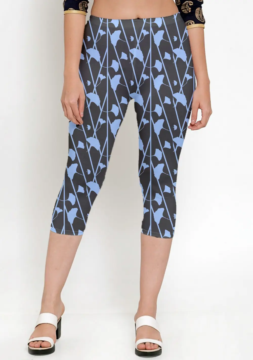 Black Blue Floral Printed Women Capri Leggings Pant