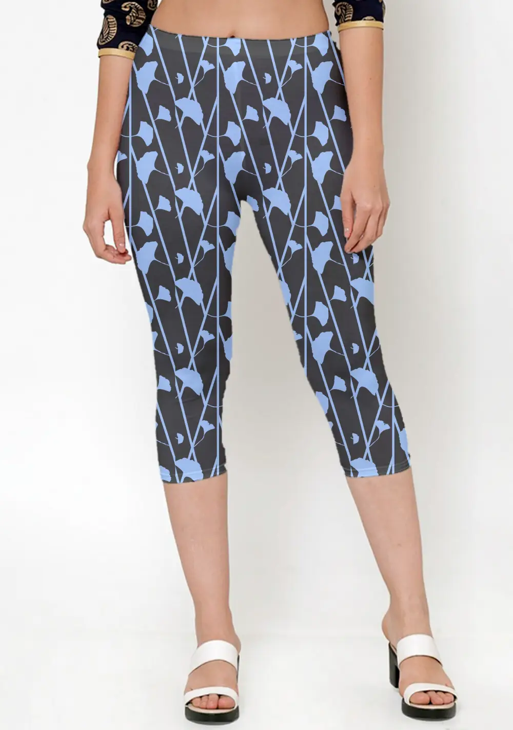Black Blue Floral Printed Women Capri Leggings Pant - Image 3