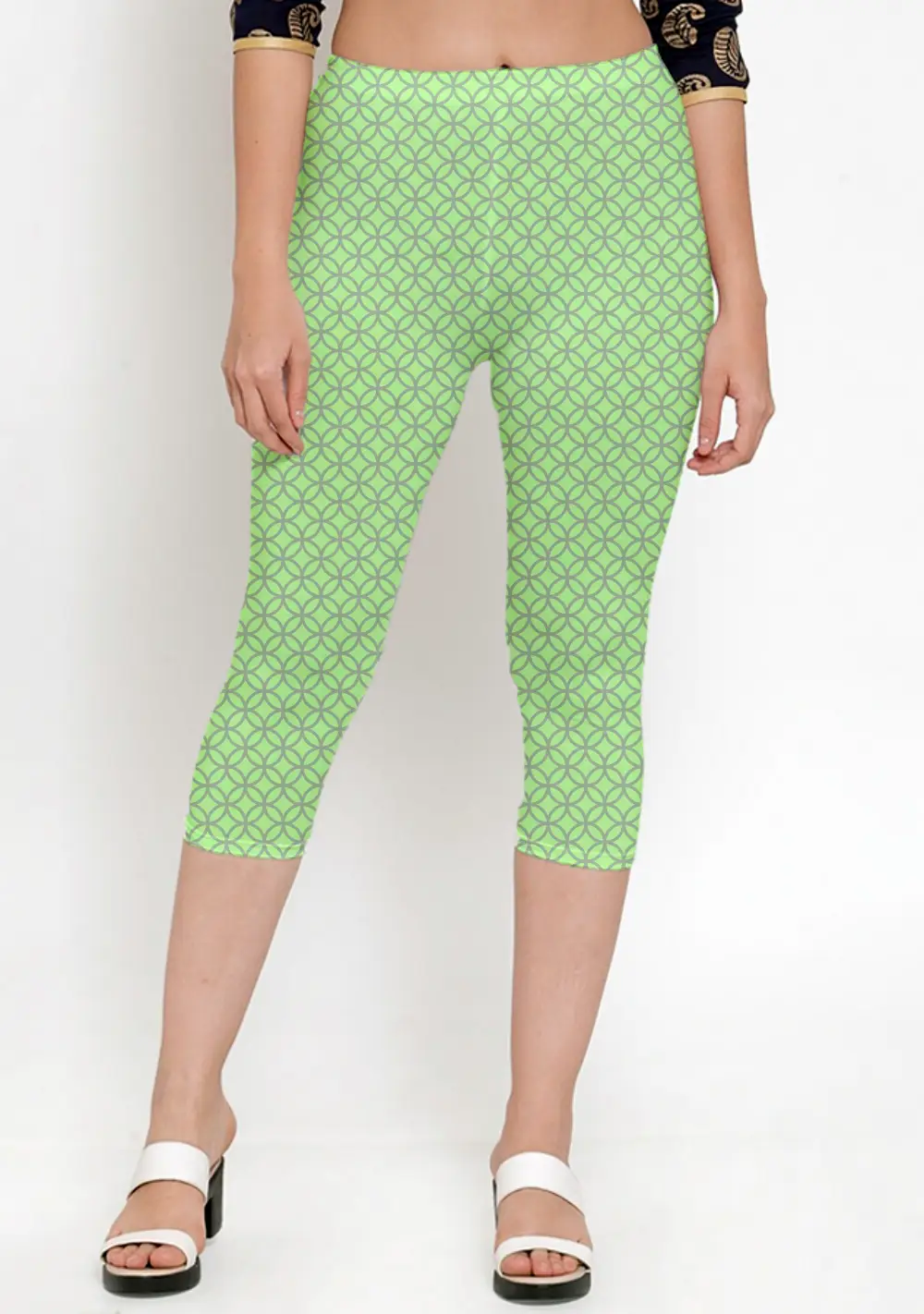 Jali Print Light Green Women Capri Leggings Pant