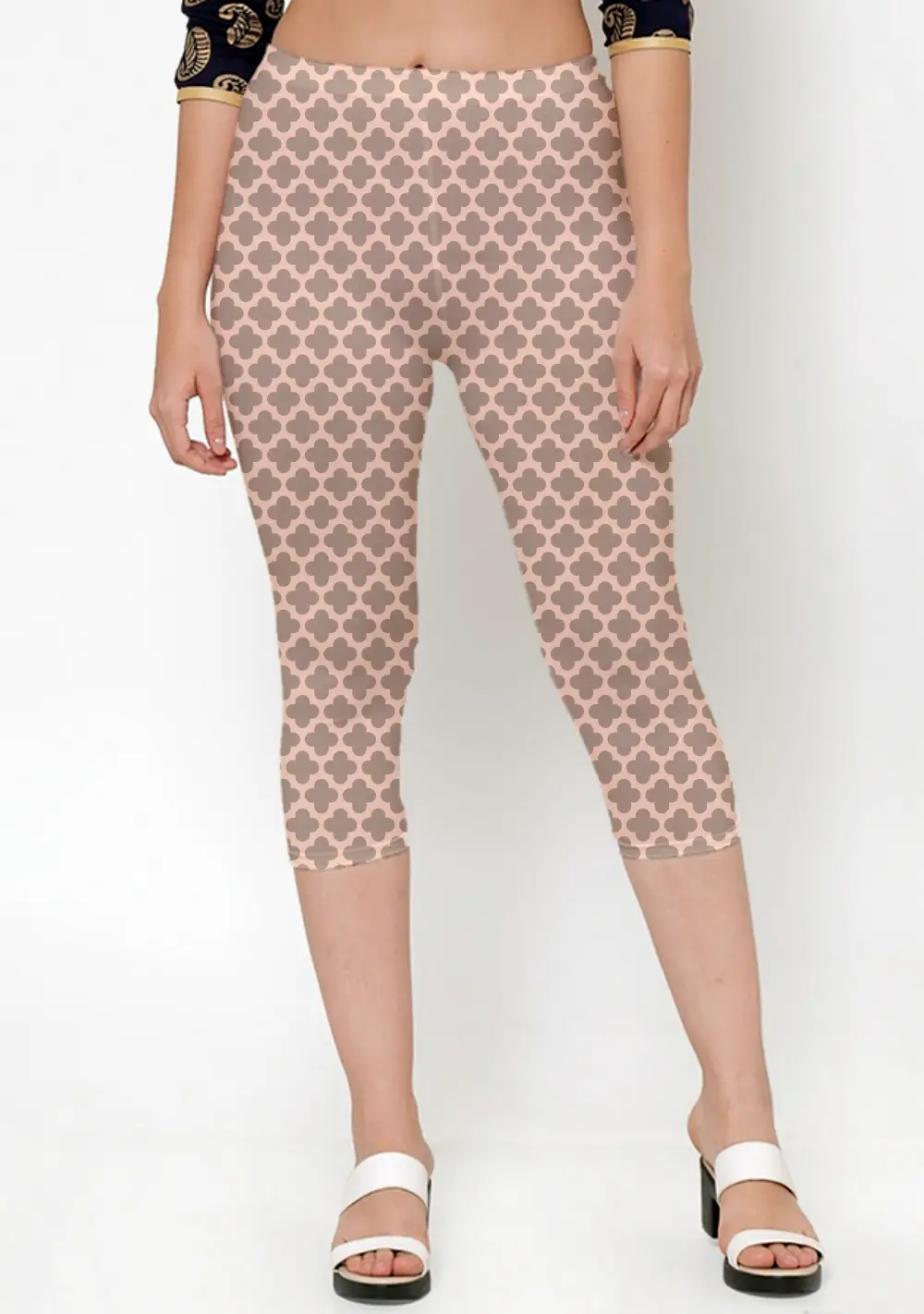 Casual Abstract Print Cream Color Women Capri Leggings Pant - Image 3