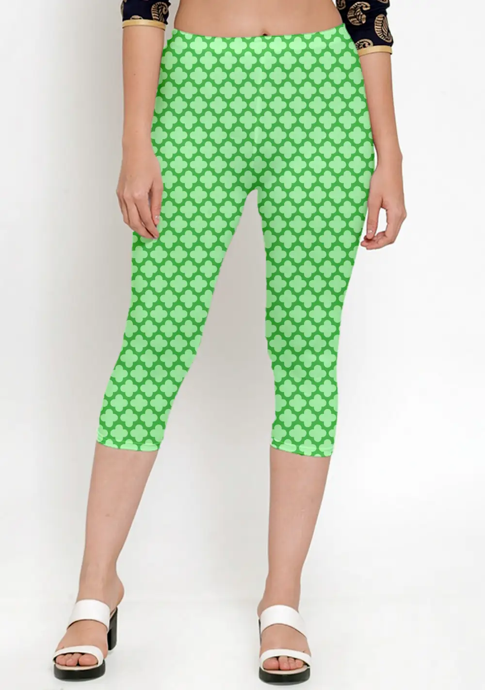 Casual Abstract Print Pista Green Women Capri Leggings Pant - Image 3