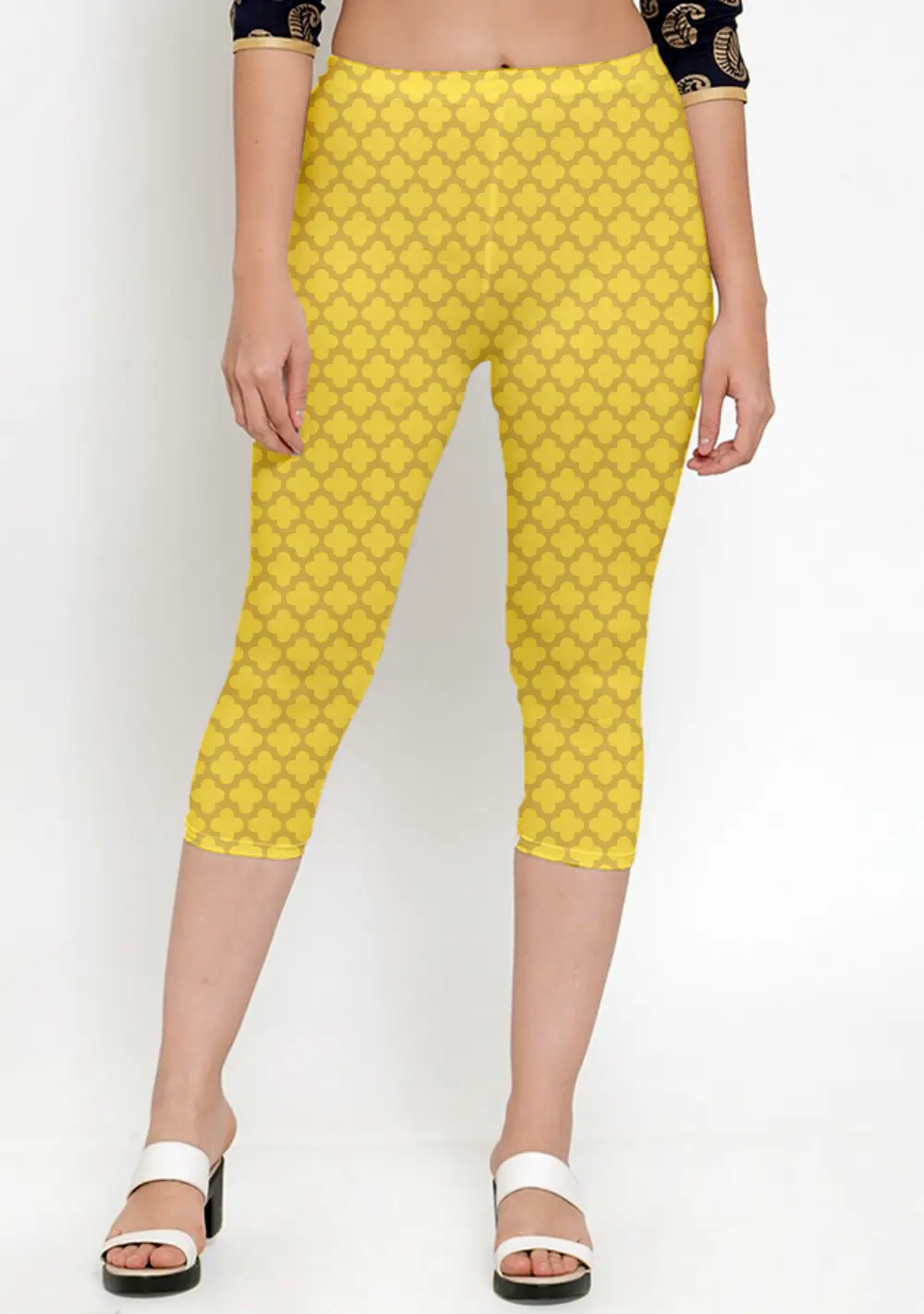 Casual Abstract Print Yellow Women Capri Leggings Pant - Image 2
