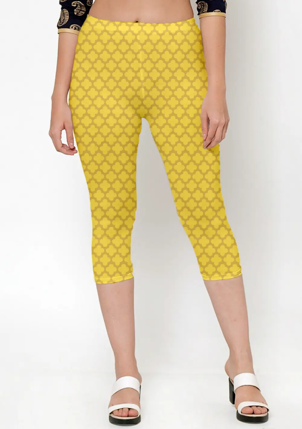 Casual Abstract Print Yellow Women Capri Leggings Pant