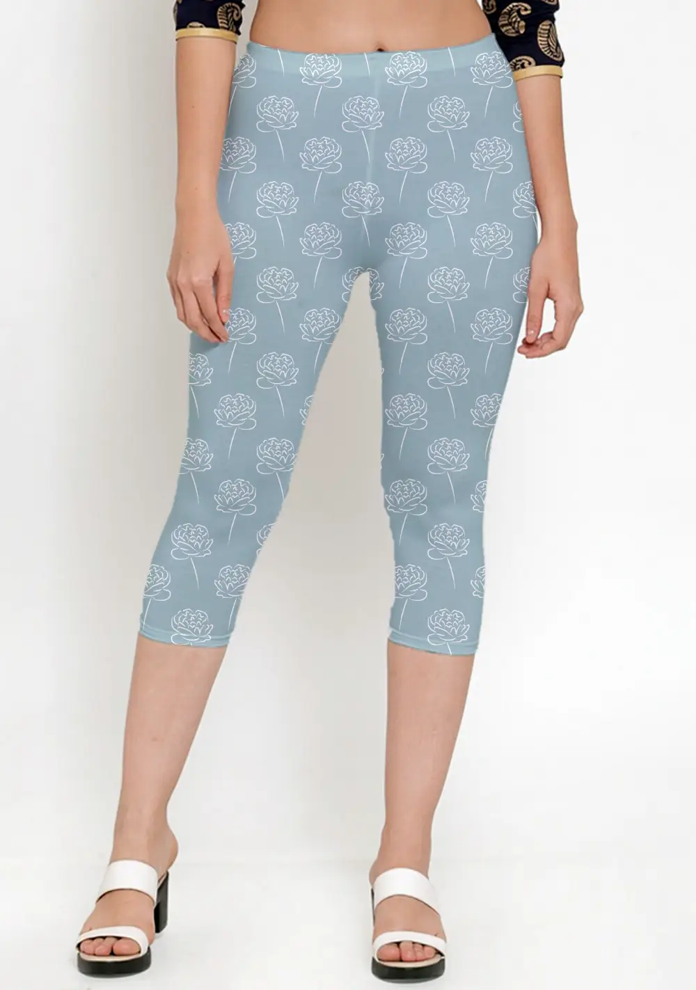 Roses Teal Women Capri Leggings Pant - Image 3
