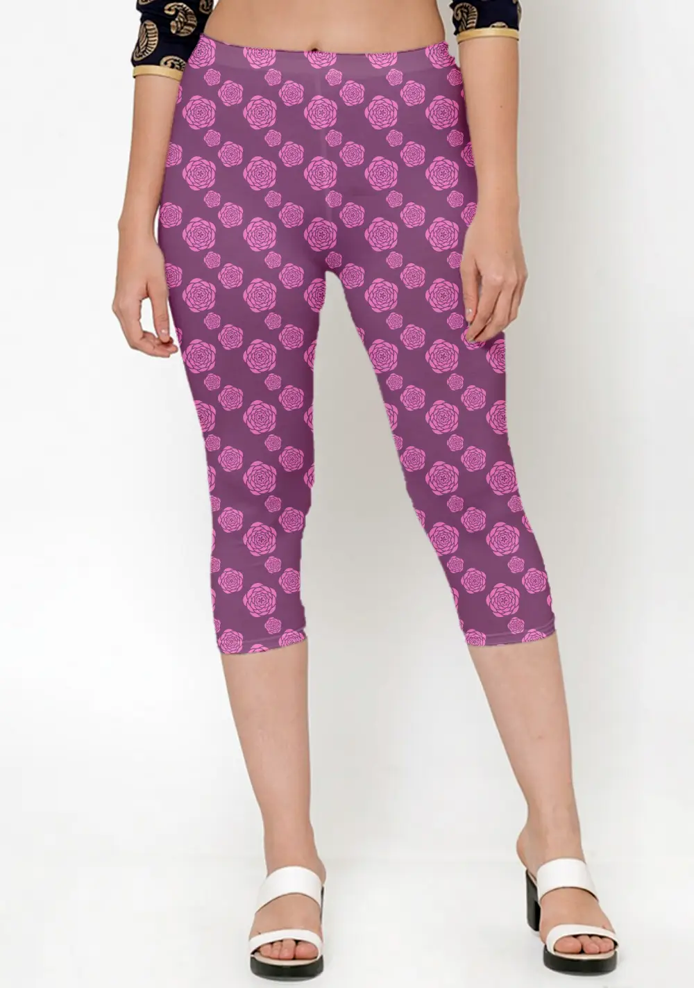 Floral Magenta Women Capri Leggings Pant - Image 2