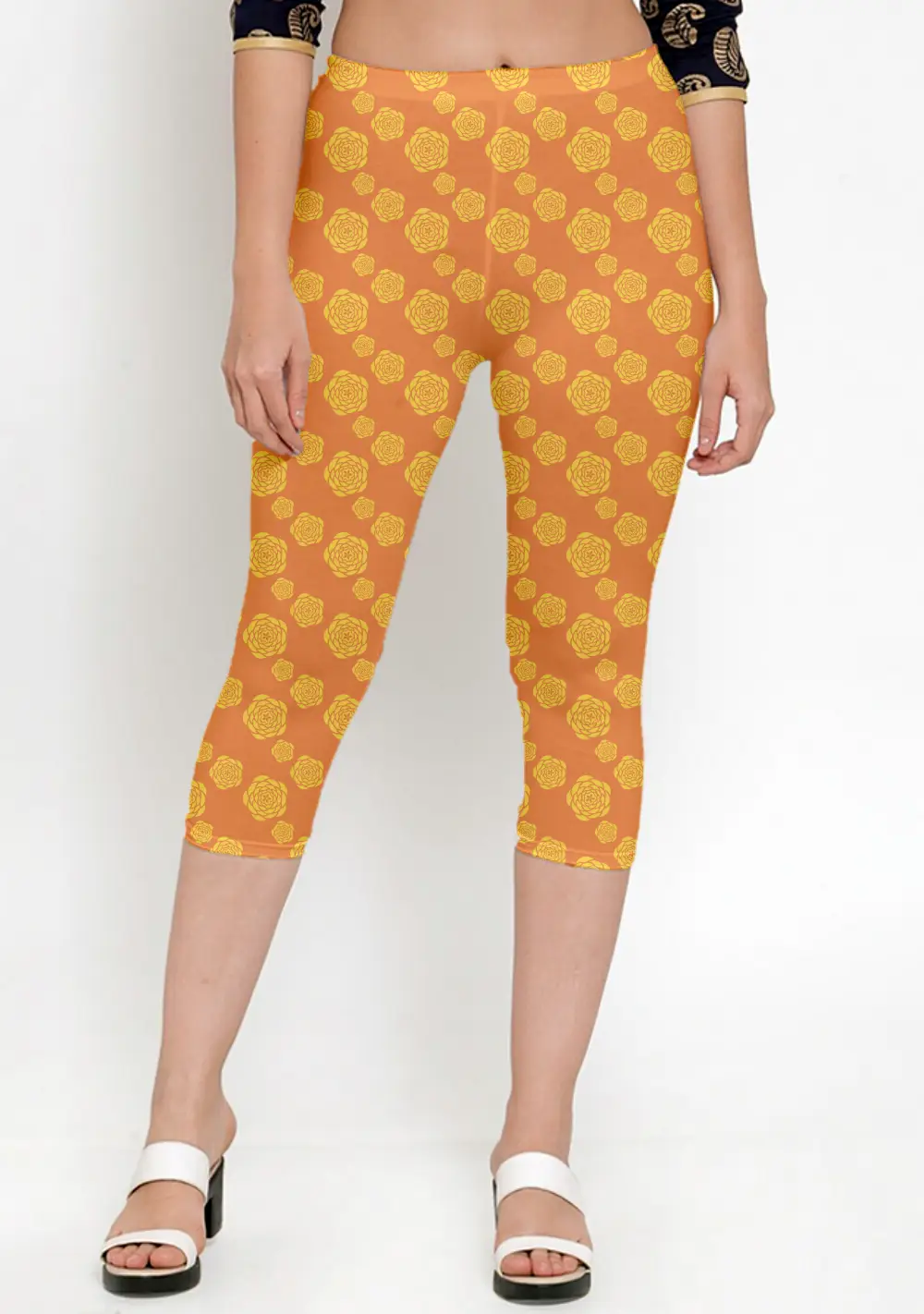 Yellow Floral Printed Women Capri Leggings Pant