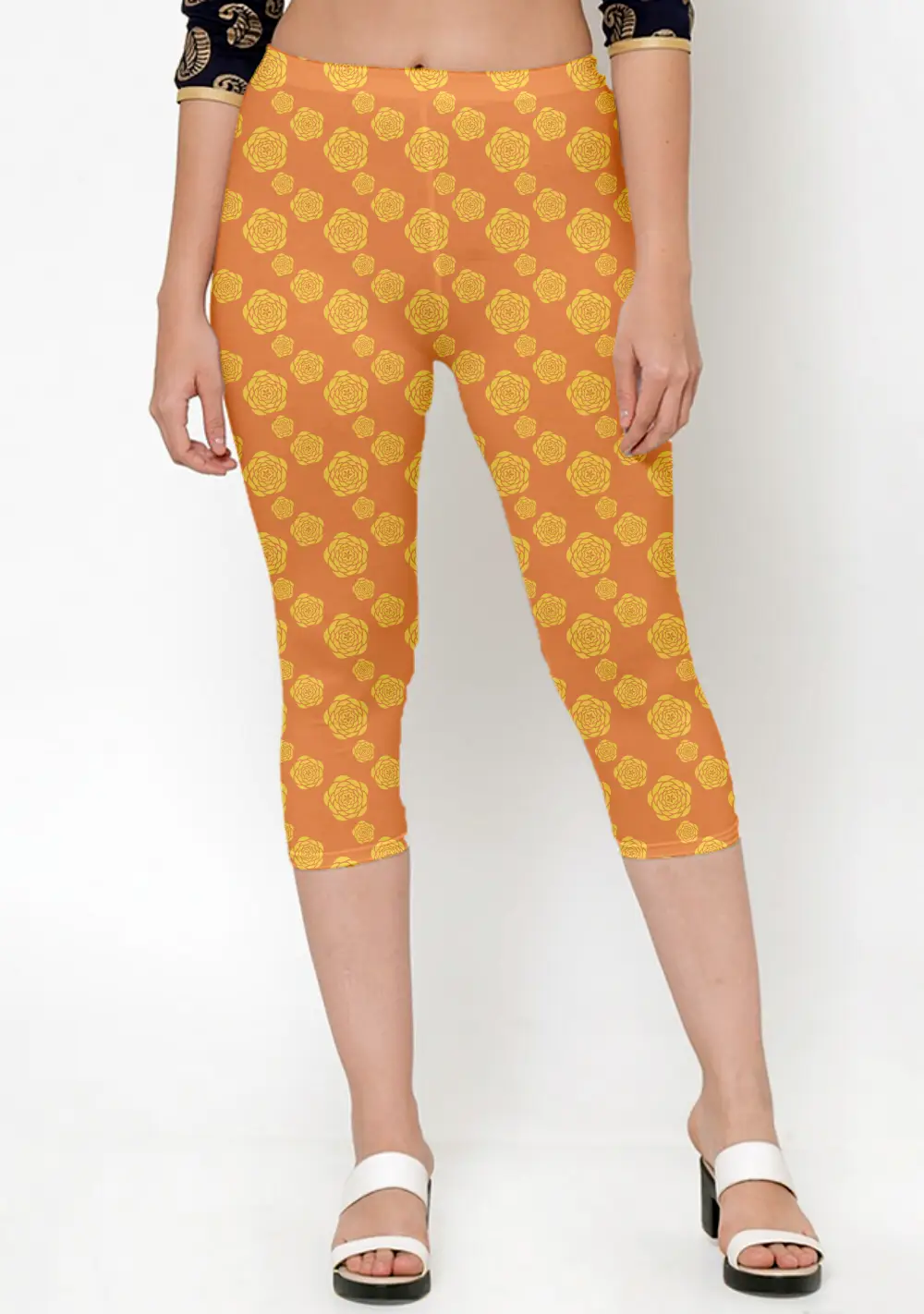 Yellow Floral Printed Women Capri Leggings Pant - Image 2
